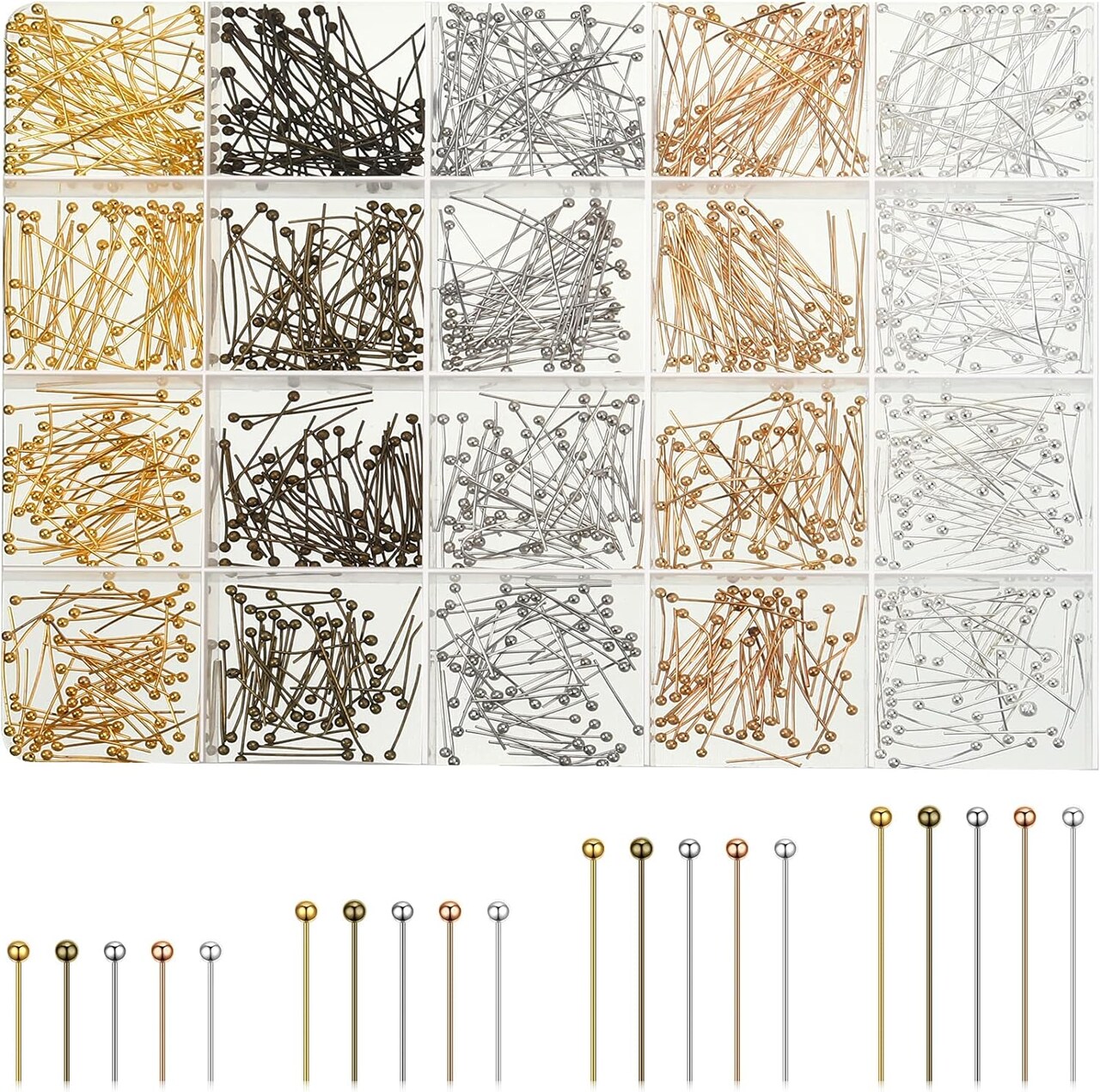 1000 Pieces Jewelry Making Silver Gold 16mm 20mm 25mm 30mm Ball Head Pins Needles Brass Long Craft Head Pins for Jewelry Making Bracelet Earring (Multicolor)